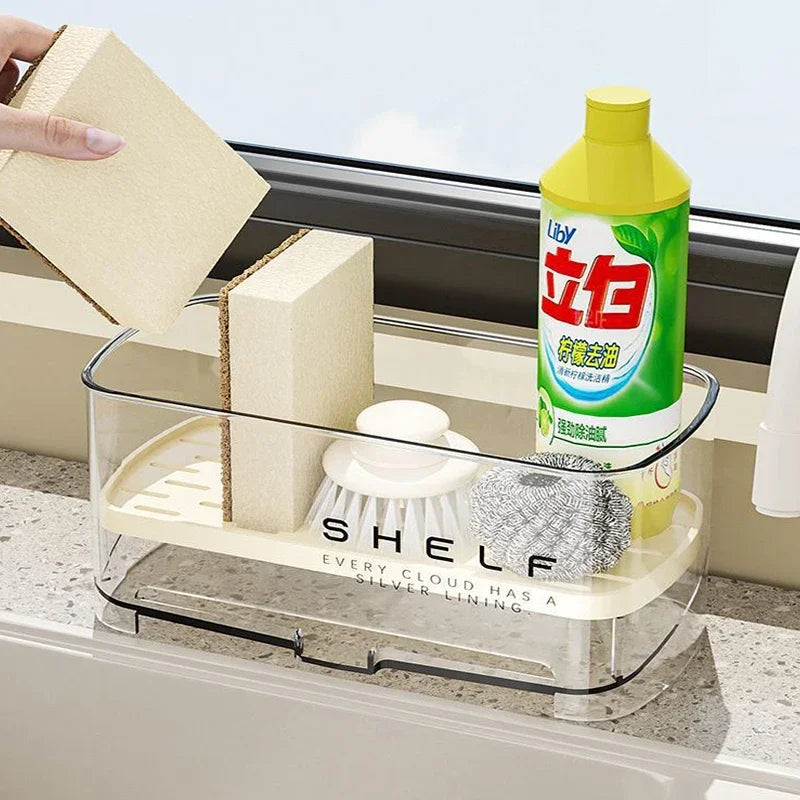 rangement cuisine étagère transparente moderne brosse vaisselle éponge détergent adhésif minimaliste