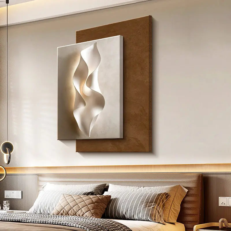tableau abstrait contemporain mural led blanc gris marron clair ondulé mat éclairage minimaliste chambre