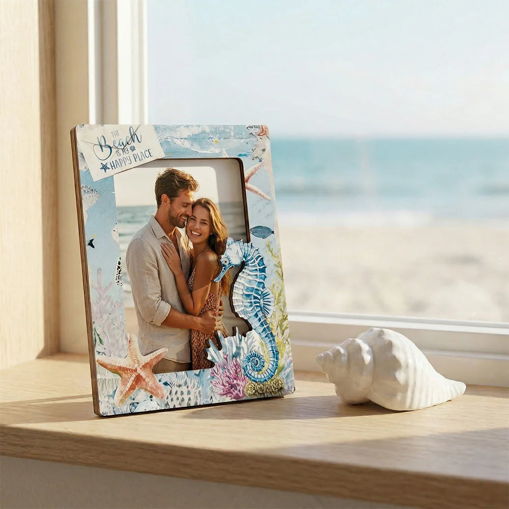 cadre photo thème plage coquillages hippocampes lettrage Love Beach clips noirs bleu clair beige