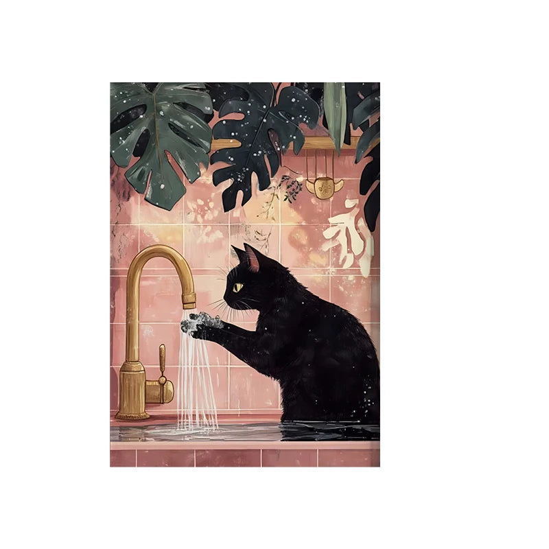toile d'art moderne illustration chats noirs salle bain noir rose verte toile abstraite décoration