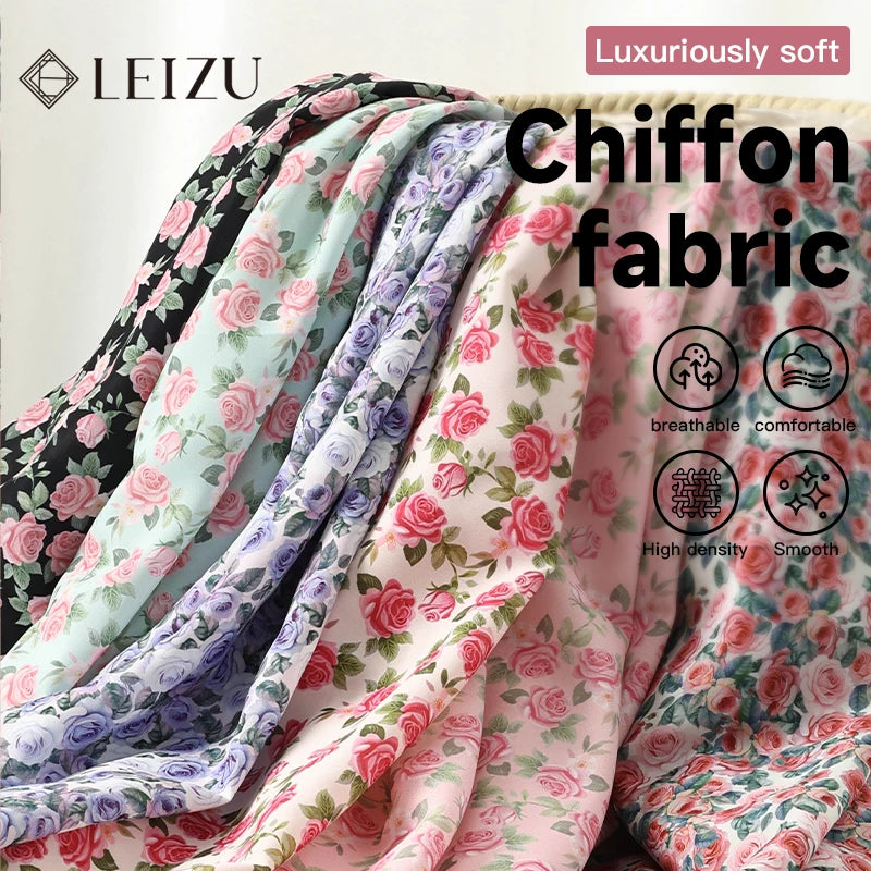 tissu mousseline polyester imprimé fleurs roses fond noir couture robe chemisier rideau diy