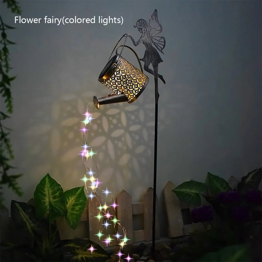 arrosoir lumineux solaire doré motifs floraux tringle noire led moderne jardinextérieur