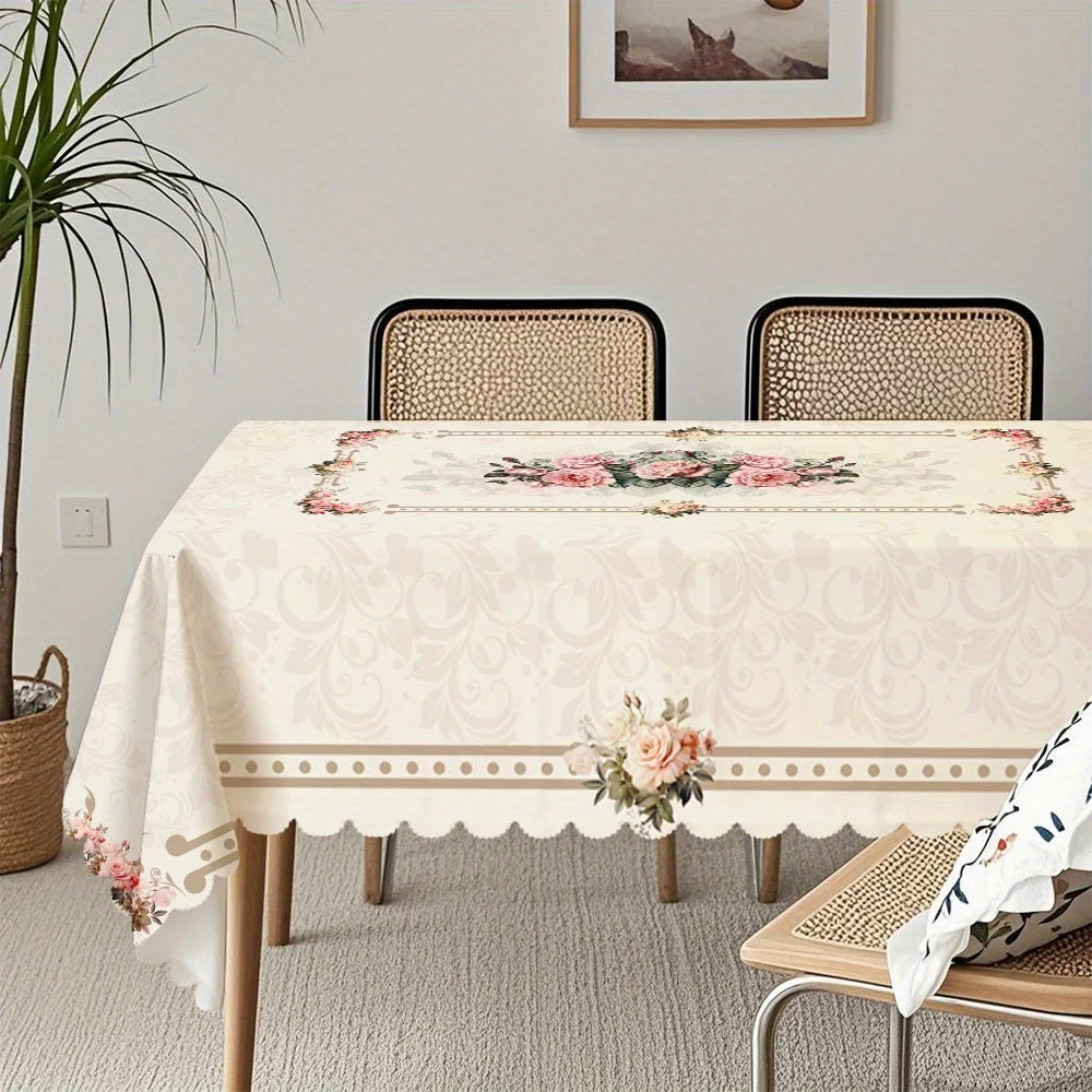 nappe table fleur rose beige clair classique romantique imperméable machine réutilisable 140x140cm 180x140cmextérieurhôtelmarriagesbanquet