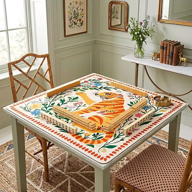 tapis jeu mahjong carré motif tigre orange floral caoutchouc antidérapant jeux société