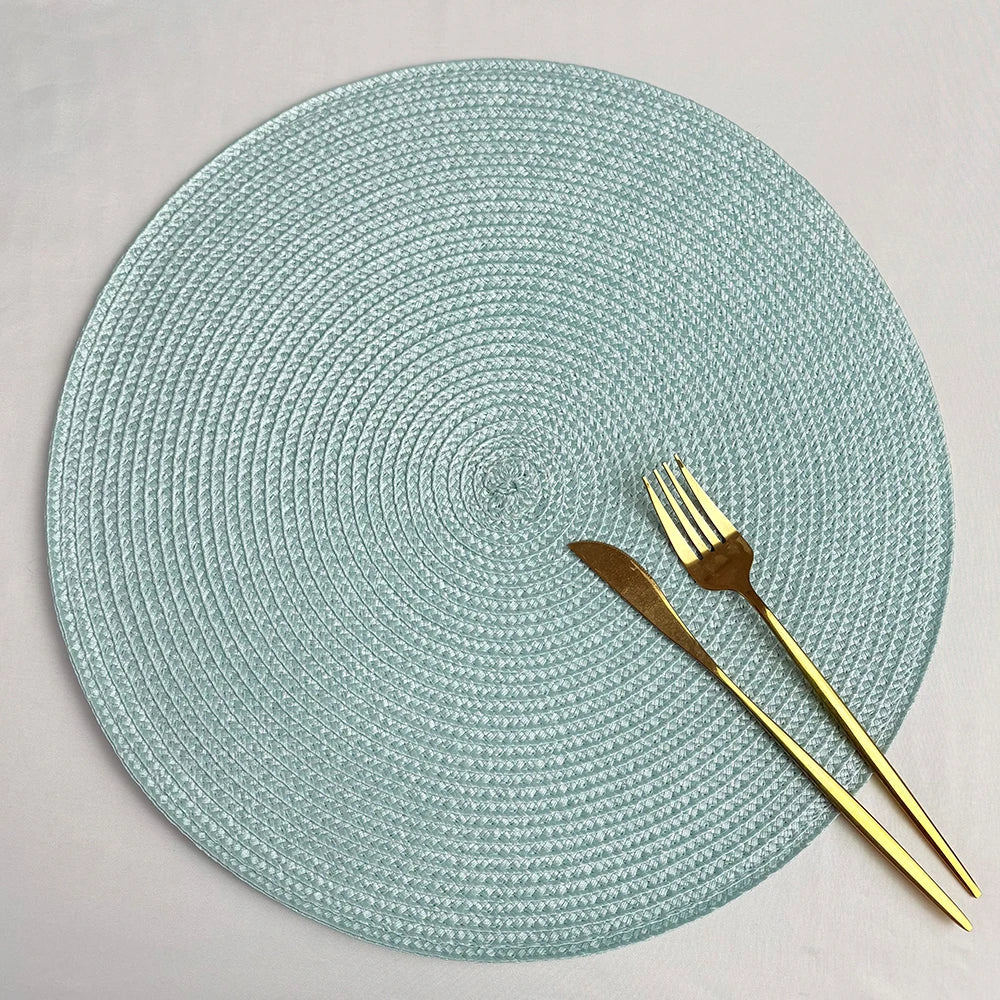 tapis table tissé spirale moderne orange rouge bleu beige placemat assiette cuillère verre