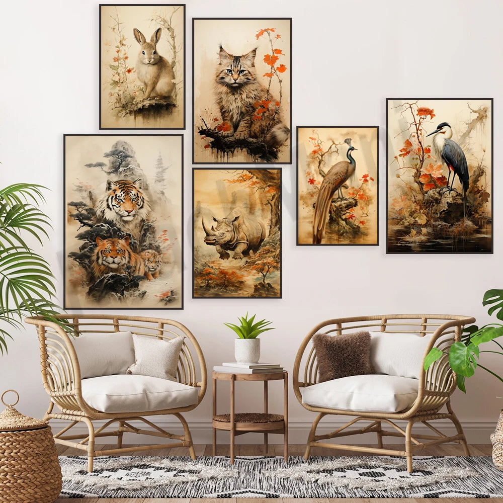 Une collection d'œuvres d'art dans un style naturaliste mettant en scène différents animaux sauvages, tels qu'un lapin, un chat, des tigres et un héron, dans leurs environnements naturels.