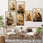 Une collection d'œuvres d'art dans un style naturaliste mettant en scène différents animaux sauvages, tels qu'un lapin, un chat, des tigres et un héron, dans leurs environnements naturels.