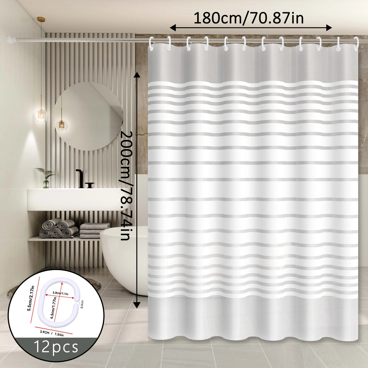 rideau douche moderne éva rayé blanc gris opacité large choix tailles respectueux l'environnement