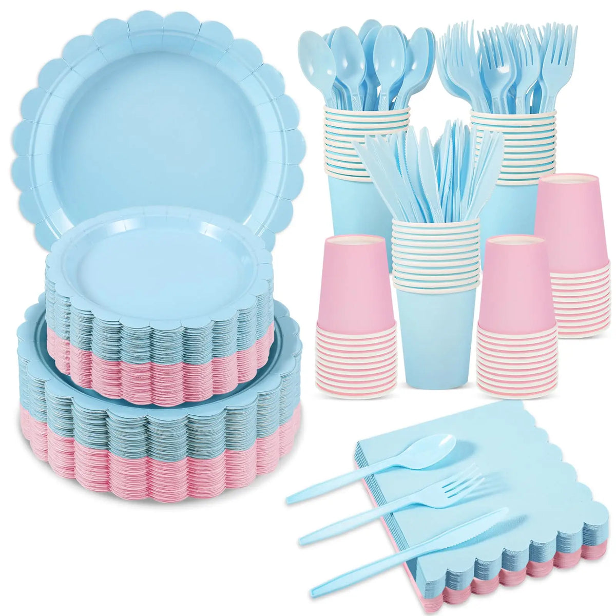 assiettes festives jetables bleu clair rose pâle bord dentelé moderne cuillères fourchettes gobelets serviettes