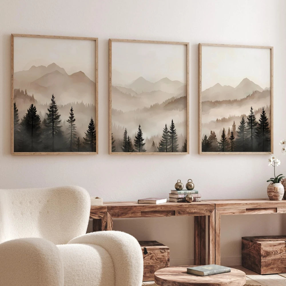 tableaux abstraits paysages montagneux arbres nuages brume noirs blancs gris beiges minimaliste naturel cadres