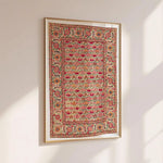 tapis ornements floraux motifs géométriques artisanal traditionnel couleur vert rouge beige blanc cadre bois