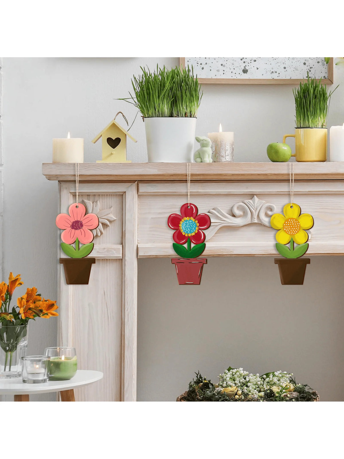 décorations suspendues fleurs bois pots colorés cordelette printemps fraîcheur intérieur naturel 40 pièces