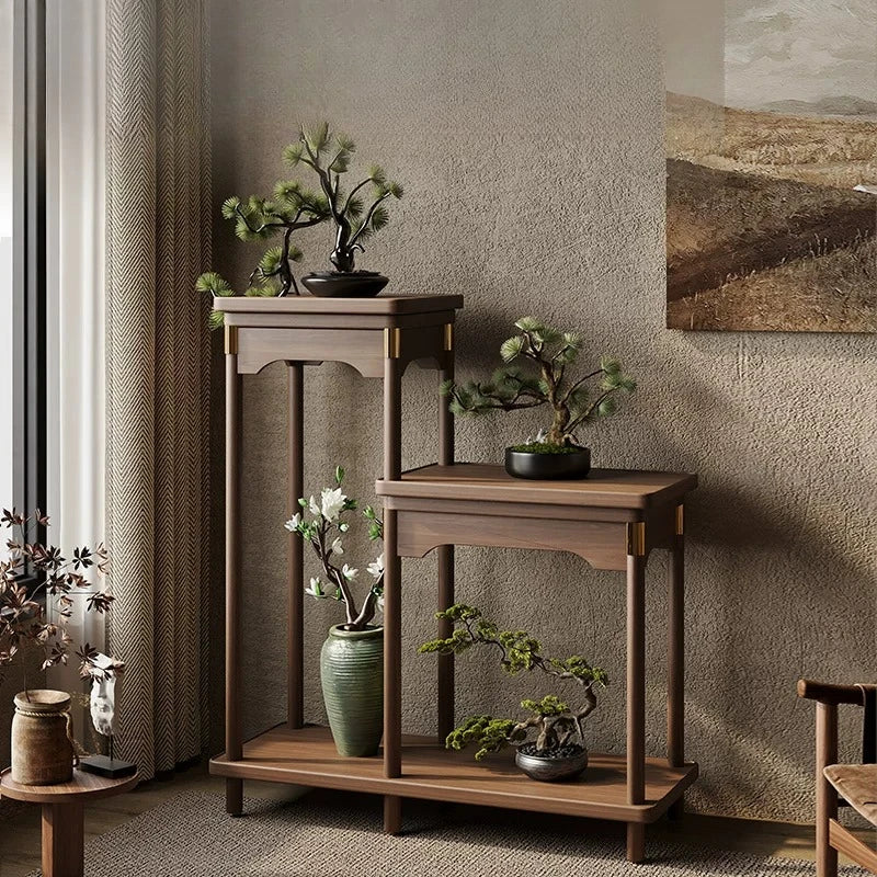 meuble étagères bois marron clair moderne minimaliste plante artificielle pot noirintérieur extérieur assemblage facile