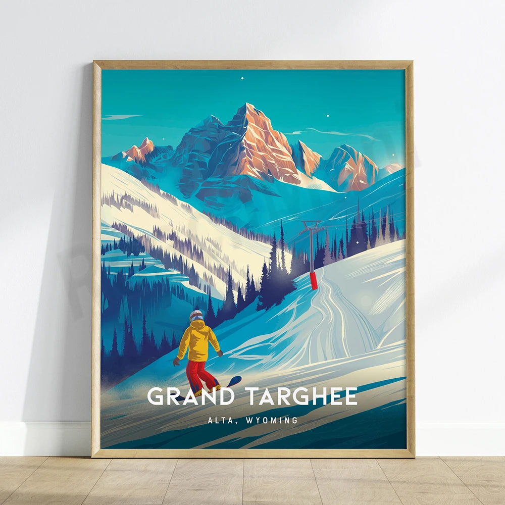 Affiche de la station de ski Grand Targhee à Alta, Wyoming, montrant un skieur sur une piste enneigée au milieu de magnifiques montagnes enneigées et d'un ciel bleu.