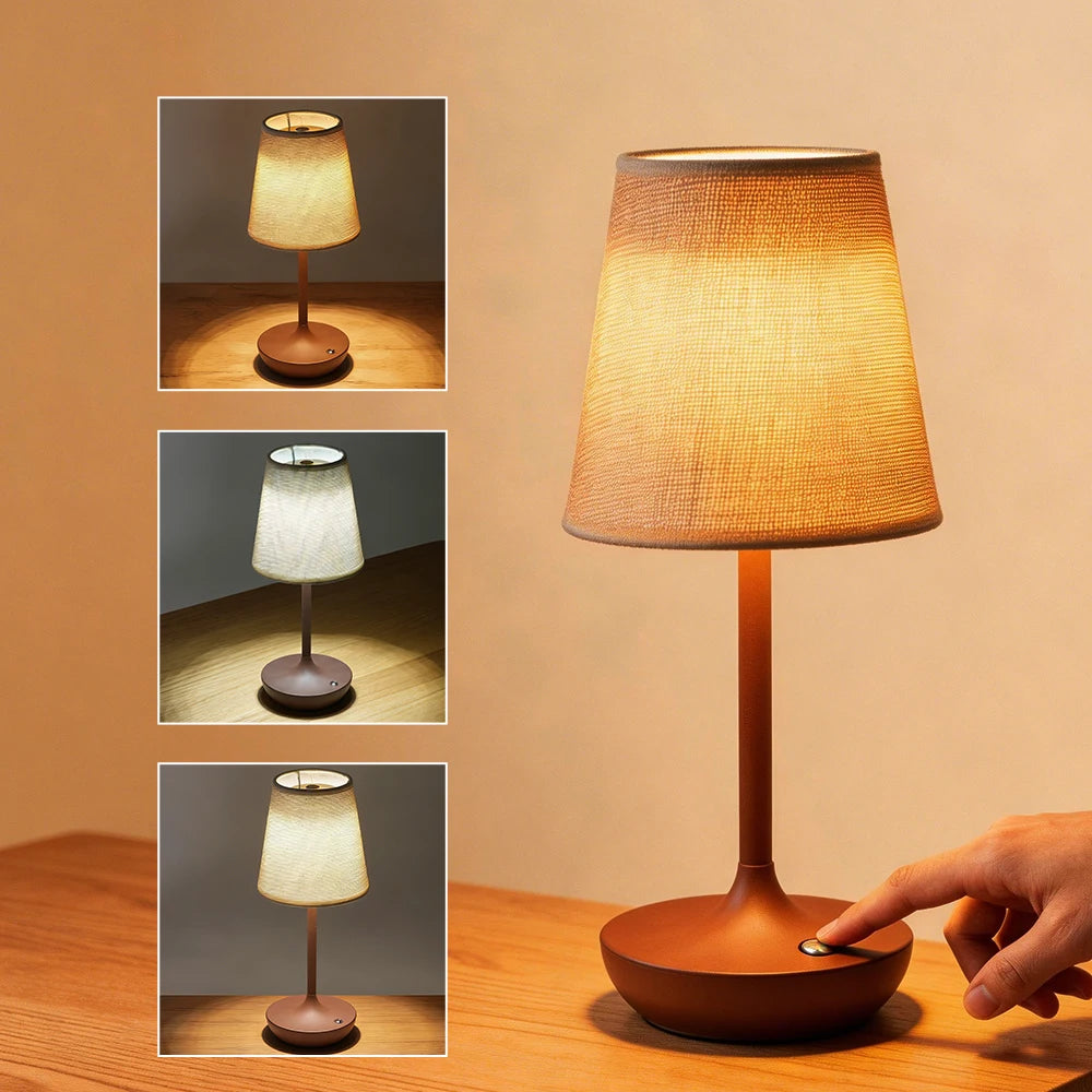 lampe chevet portable sans fil abatjour tissu texturé base marron abatjour crème controle tactile