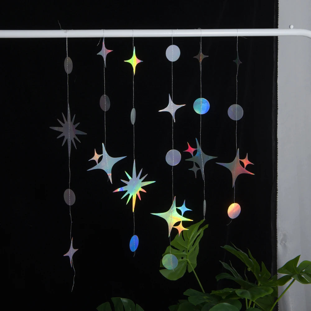 décoration suspendue guirlande lumineuse étoiles holographiques moderne bleu argenté violet rose blanc