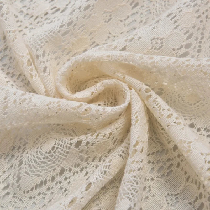 rideau cuisine beige dentelle géométrique vintage bohème opacité crochets franges