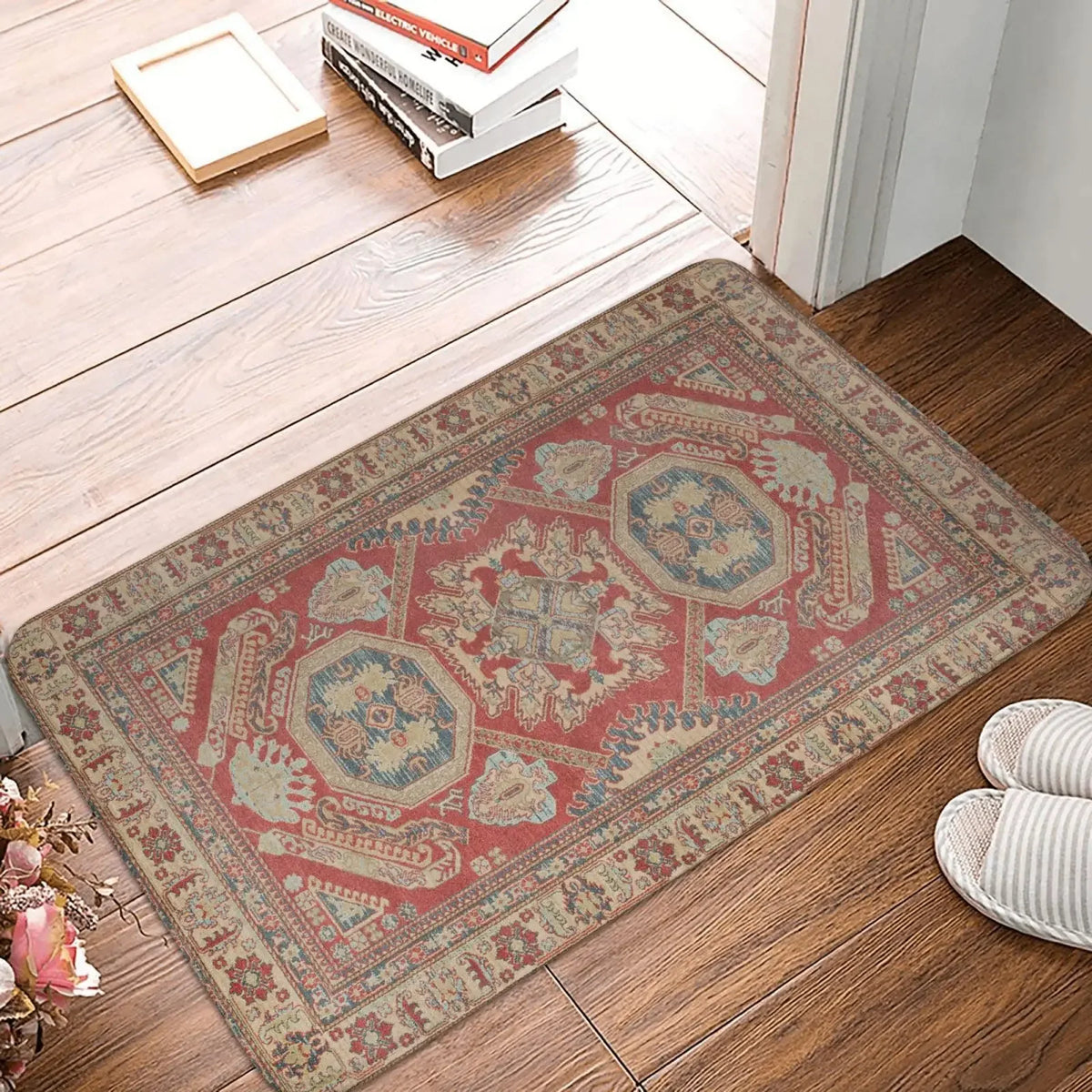 tapis ethnique traditionnel rouge bleu beige antidérapant intérieur extérieur doux porte sol cuisine