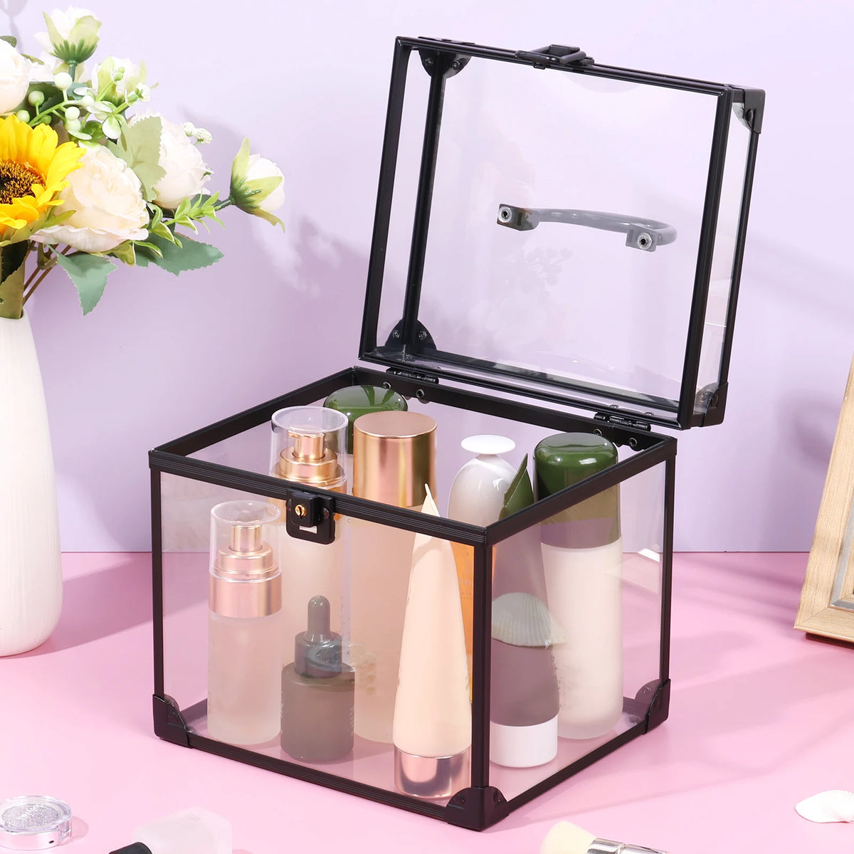 boîte rangement transparente durable cosmétiques minimaliste poignée métallique cadenas portable grande capacité