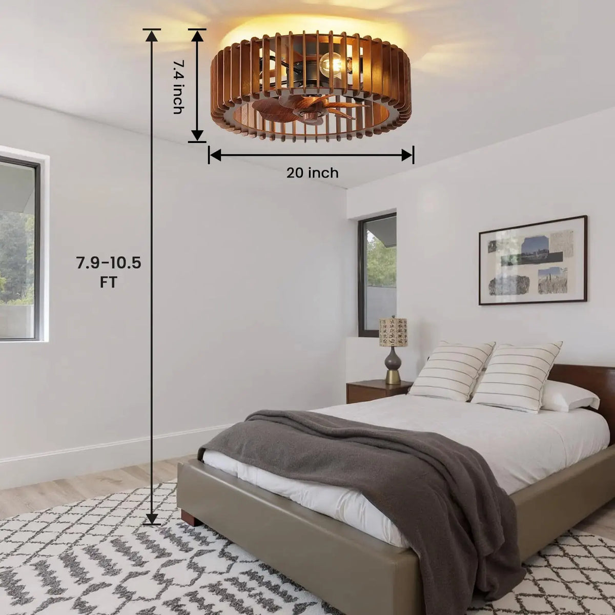 ventilateur moderne bois rayures horizontales ampoules fixation 7.9 10.5 pieds