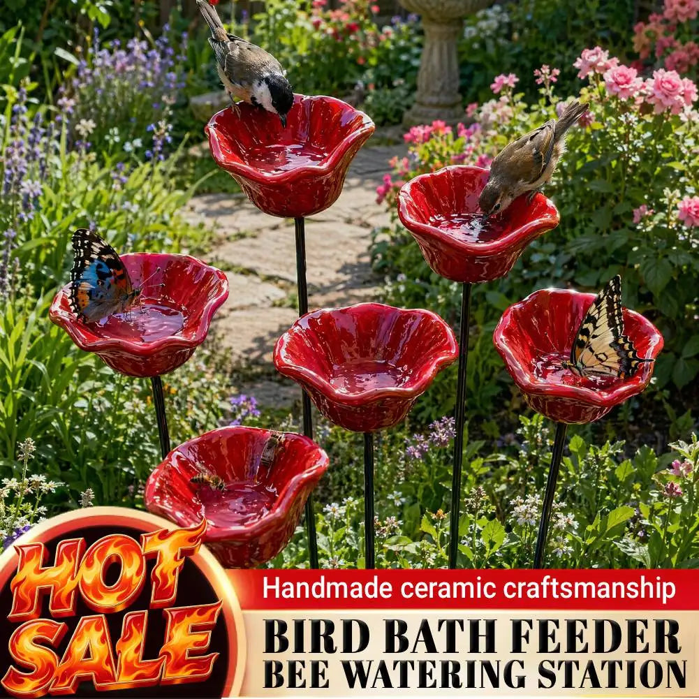 abreuvoir oiseaux céramique station abreuvement abeilles bain papillons piquet jardin décoration extérieur fleurs rouges