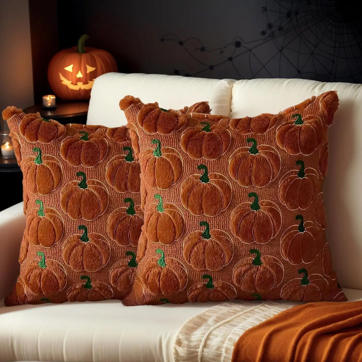 coussin carré orange citrouille automne décoration halloween zip invisible garnissage blanc polyester cotton