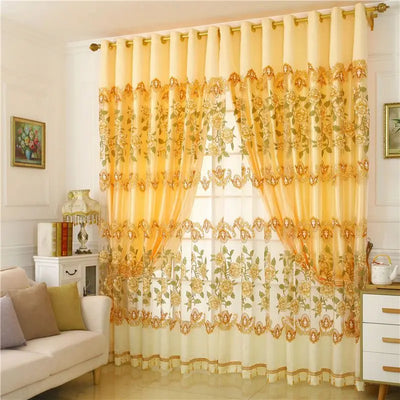 Rideau double voile floral doré style européen sur fenêtre