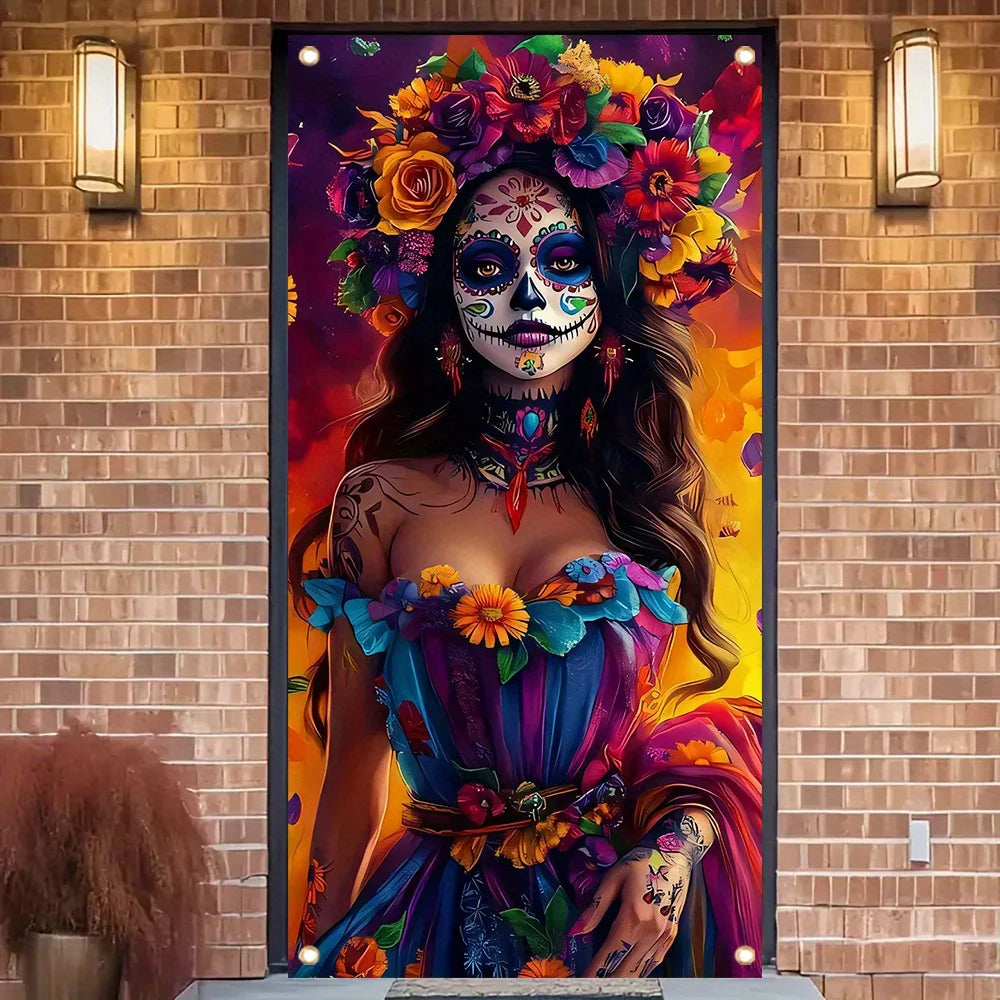 bannière festive catrina crâne fleurs dia morts couleur violette orange Jaune