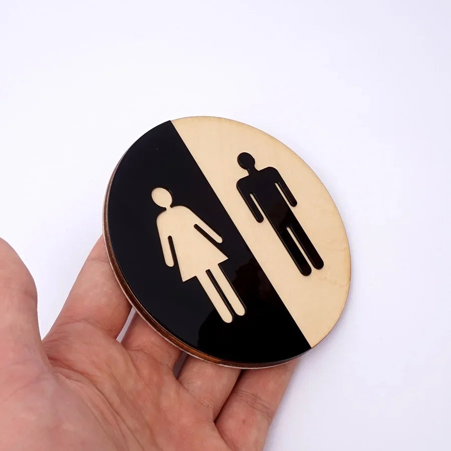 signalisation toilettes homme femme miroir bois adhésif moderne décoration salle bain rond noir minimaliste