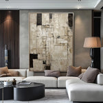 tableau abstrait moderne minimaliste beige noir blanc géométrique toile huile peinture main livingroom bedroom