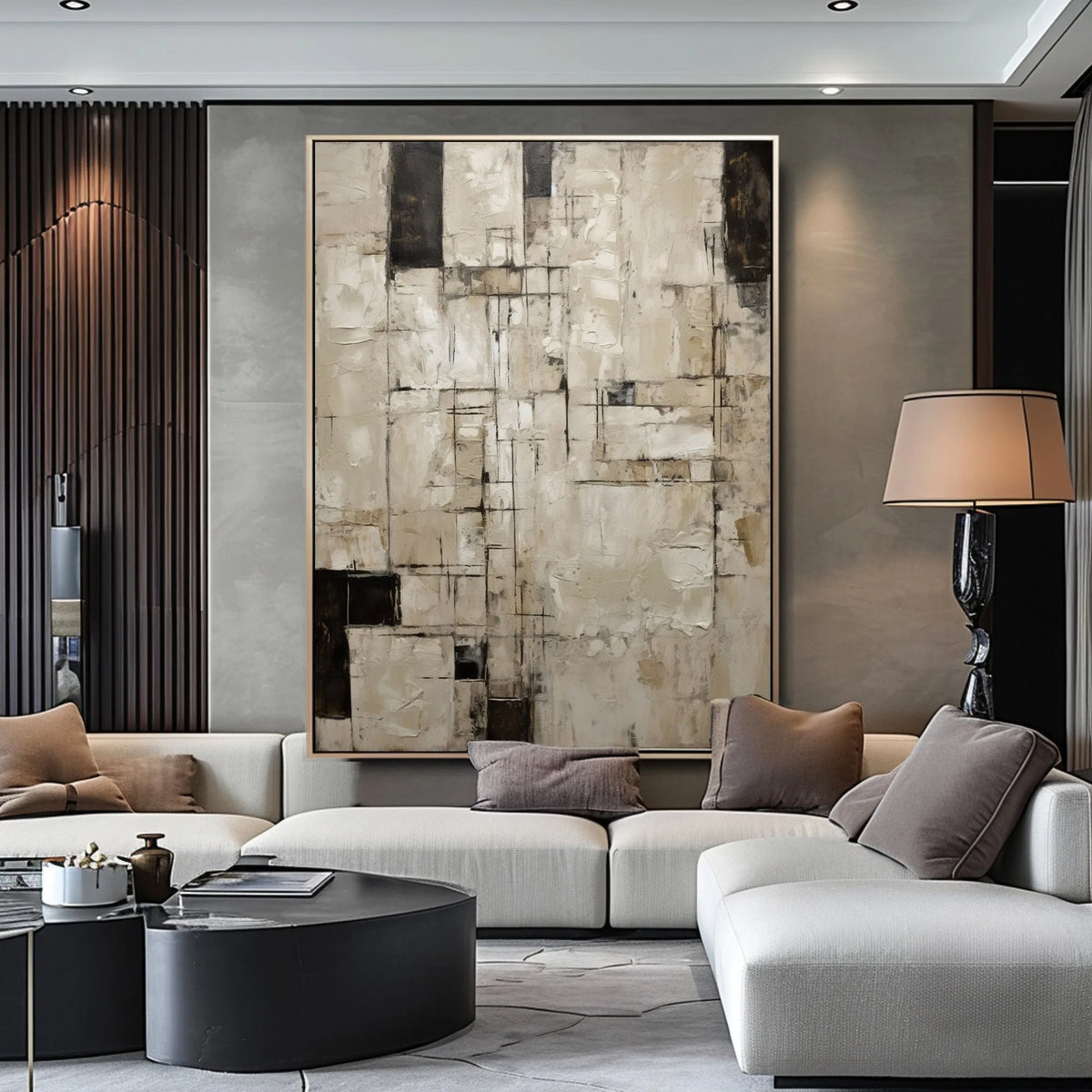 tableau abstrait moderne minimaliste beige noir blanc géométrique toile huile peinture main livingroom bedroom