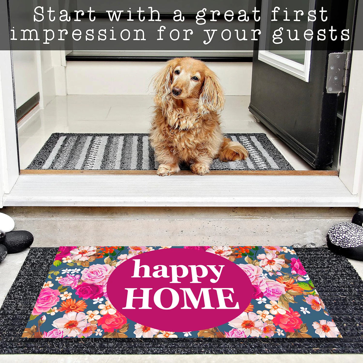 tapis d'entrée multicolore fleurs bleu marine antidérapant résistant extérieur intérieur moderne imprimé