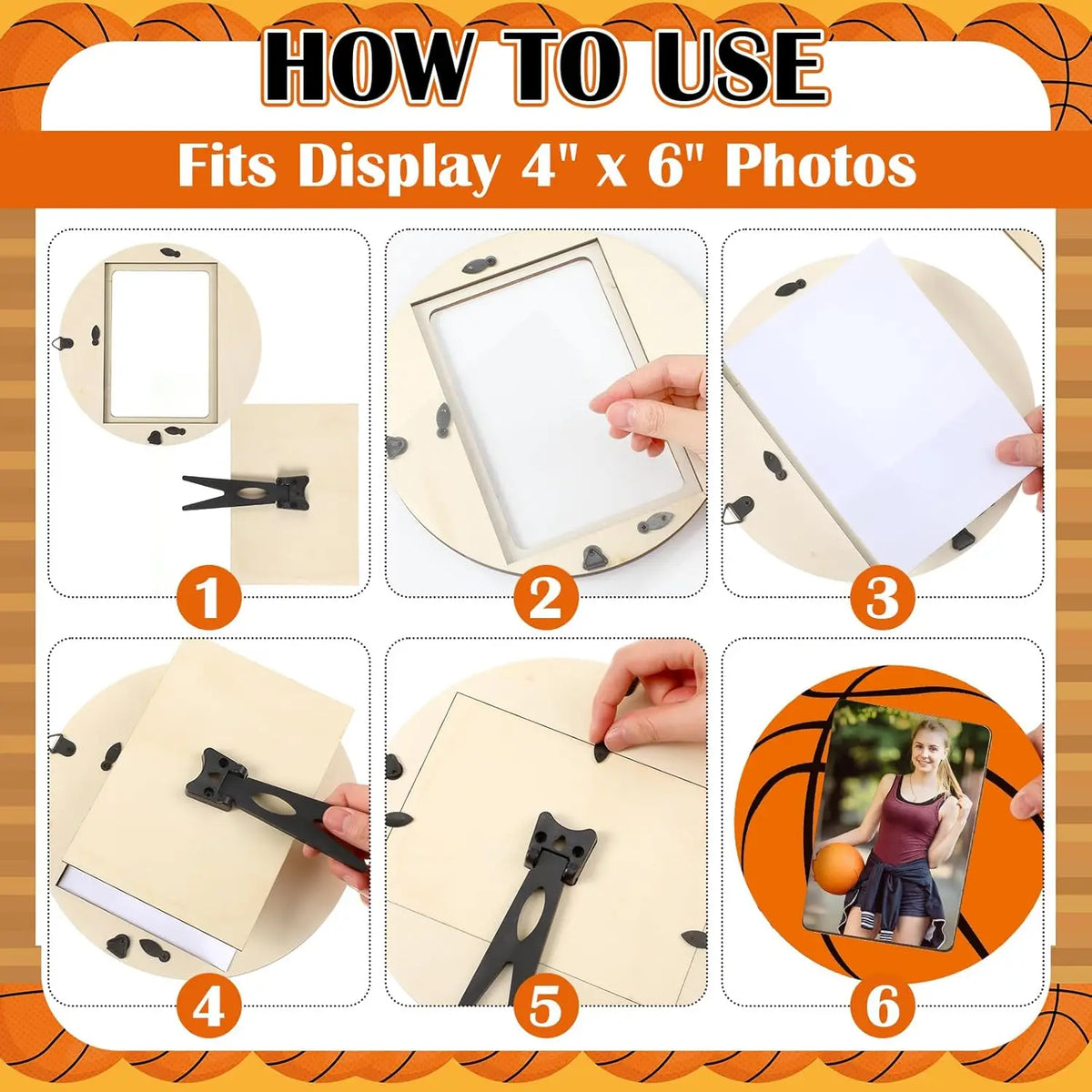 cadres photo moderne basketball orange clips 4x6 noir bois sportifs