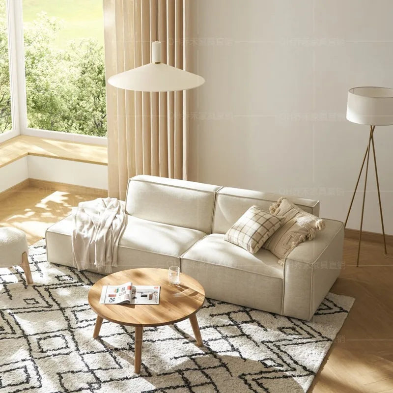 canapé d'angle moderne bois clair coussins salon minimaliste 220cm 95cm 70cm
