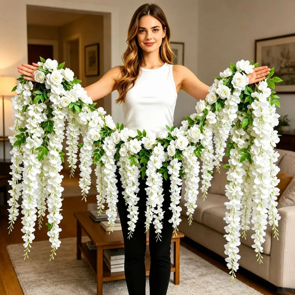 guirlande fleurs artificielles rose blanche extérieur décoration romantique occasion fête clips ruban support