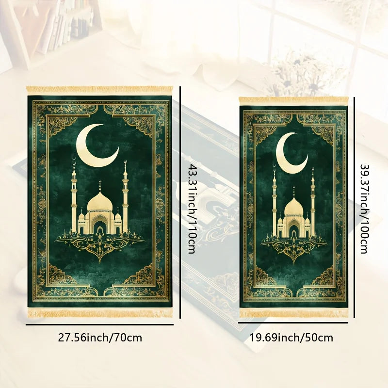 tapis vert foncé doré motif islamique mosquée lune polypropylène résistant décoration intérieure extérieure voyage