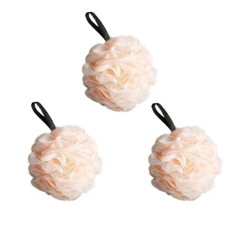 boule bain éponge nettoyage douce maille fine fluffy moderne rose clair vert anneaux noirs