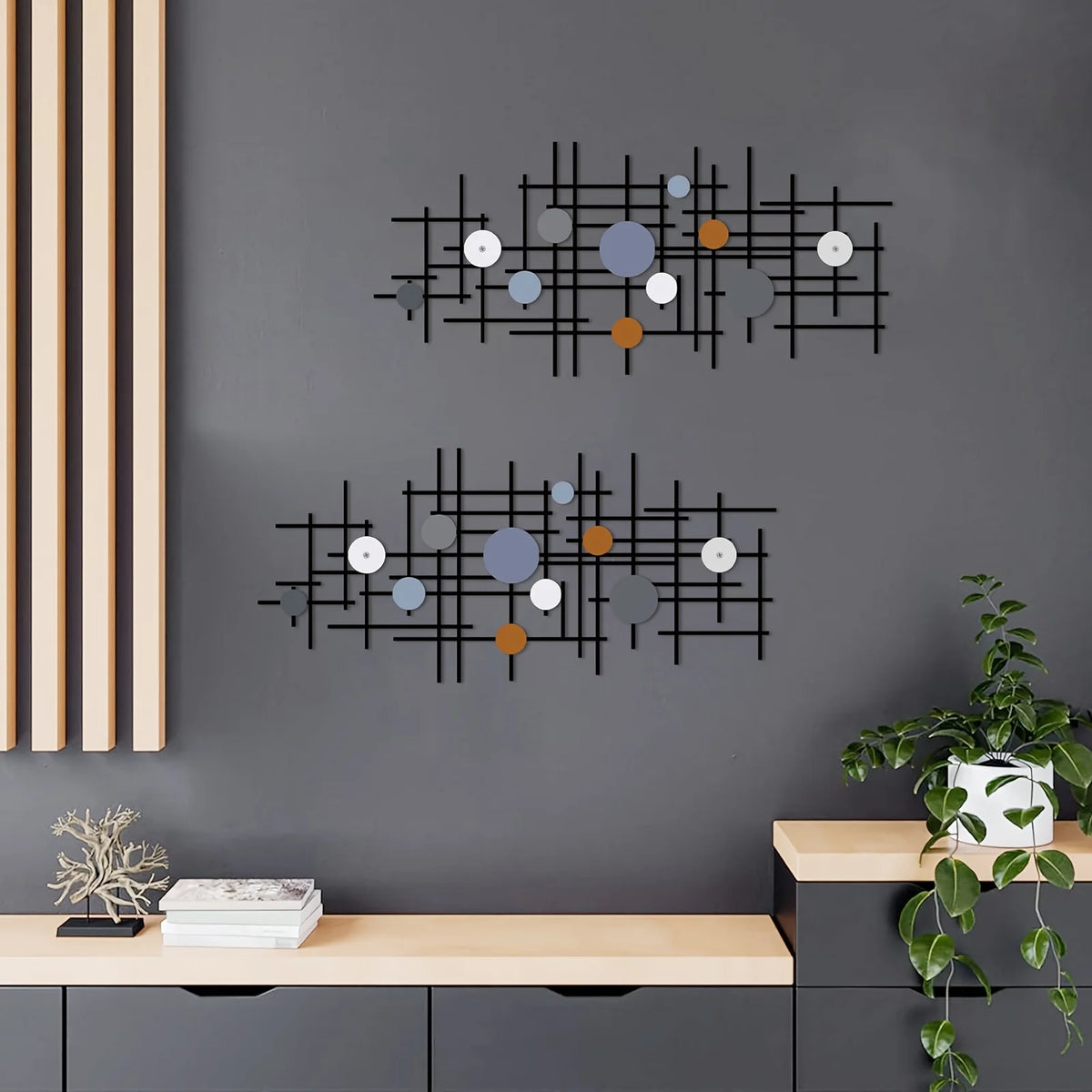 décoration murale métal moderne grille rectangulaire cercles colorés noir blanc gris orange bleu abstraiteintérieur