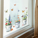 autocollant fenêtre multicolore fleurs pots métal vieilli papillons champêtre floral 38cm 30cm