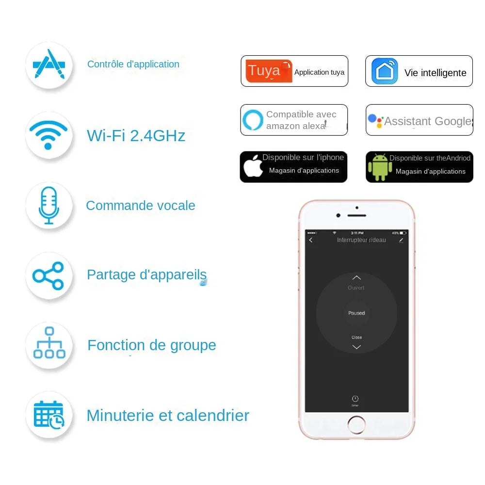 module commutation rideau blanc moderne tringle commande câbles connectivité google alexa