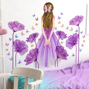 décoration murale autocollant fille robe fleurs papillons violet rose jaune