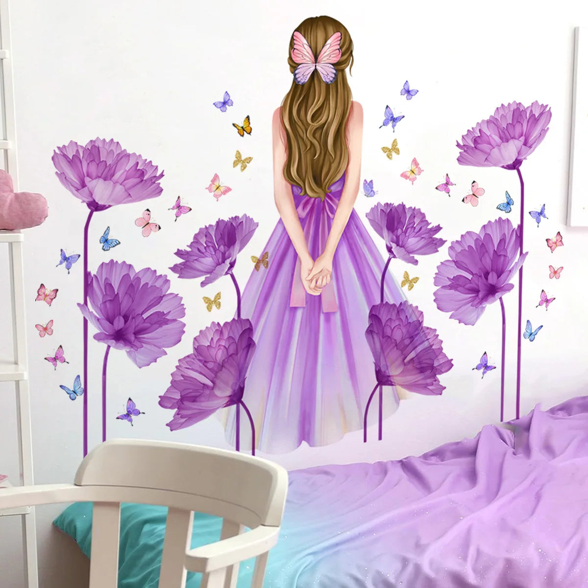 Autocollants muraux fleurs violettes pour chambre de fille, décoration amovible