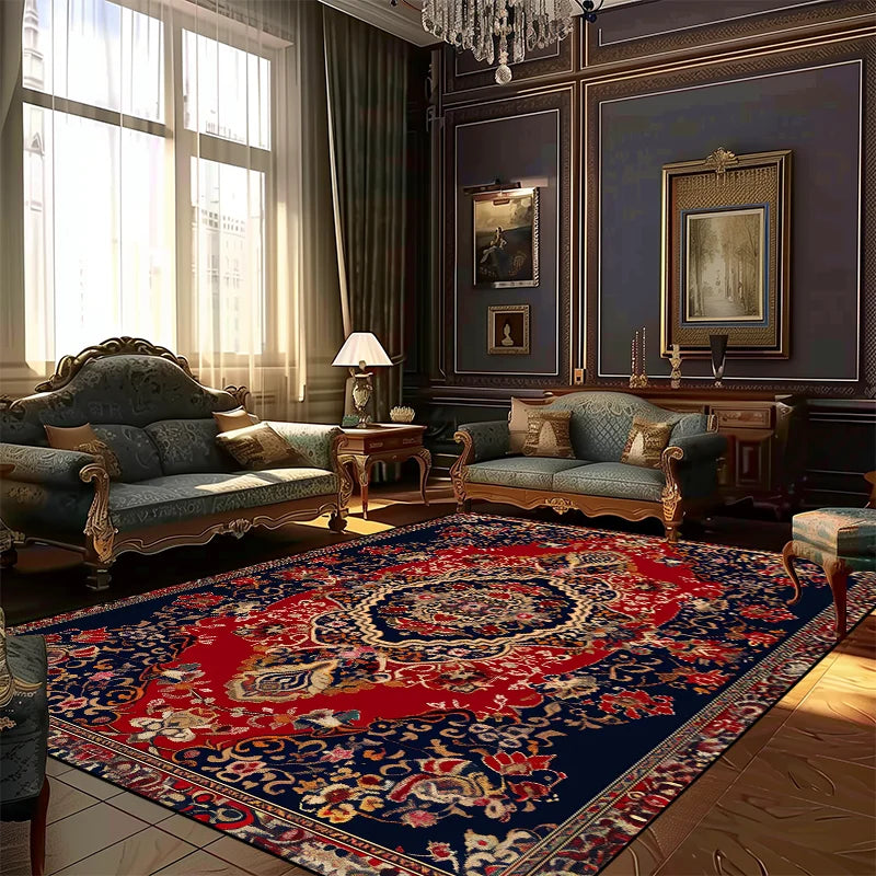 Cette élégante salle de séjour dispose de meubles de style baroque, de rideaux sombres et d'un magnifique tapis persan qui apportent une touche de luxe et de sophistication à l'ensemble.