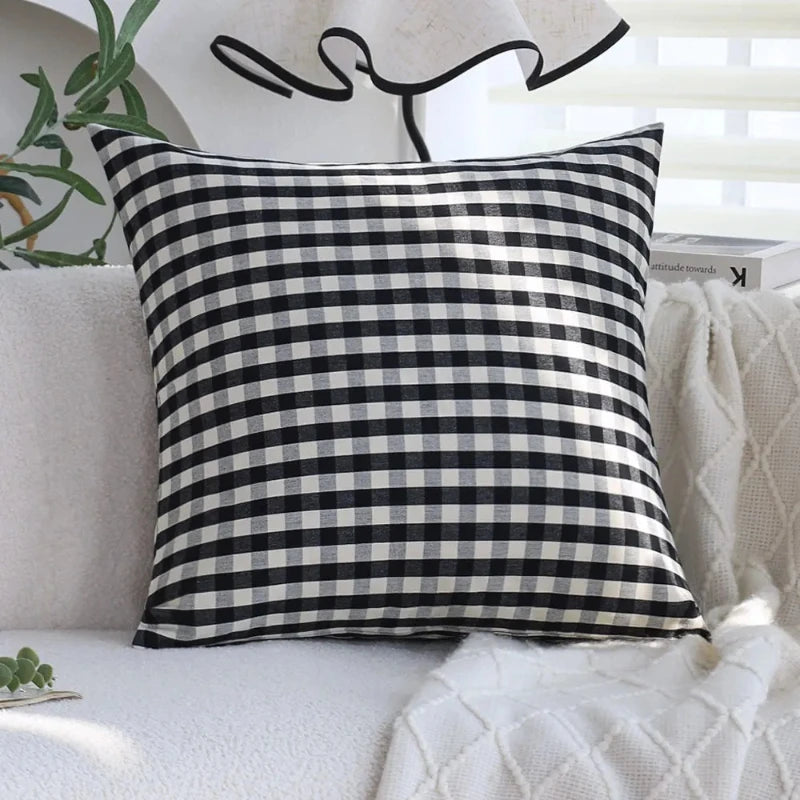 taies d'oreiller plaid rayures horizontales noir blanc 45x45cm farmhouse opaques zippées incluses maison hospitalière