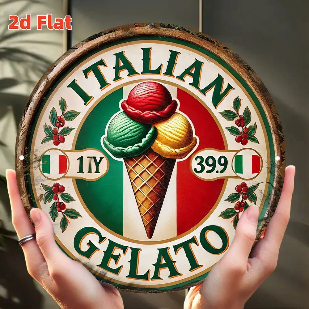 plaque publicitaire vintage motif glace trois boules drapeau italien couleurs vert rouge blanc beige
