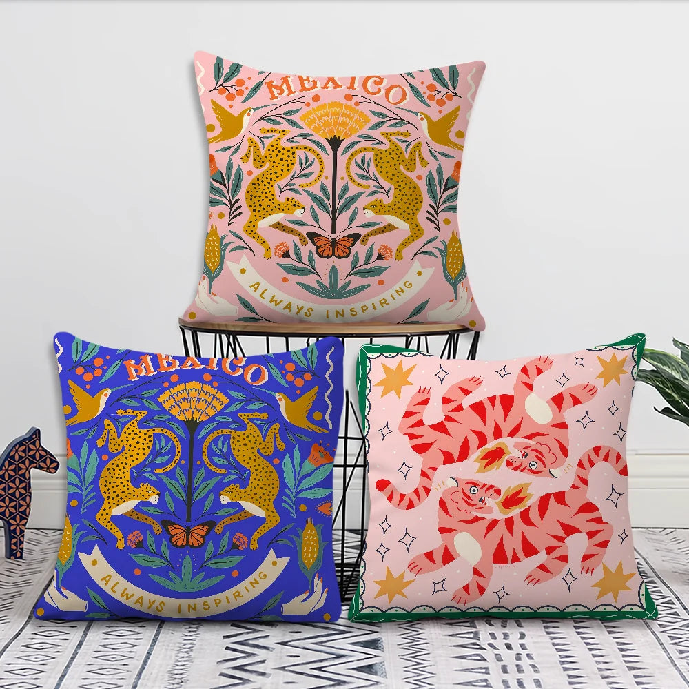 housses coussin carrées motif léopard tigre floral multicolore décoratives maison salon 35x35cm 40x40cm 45x45cm