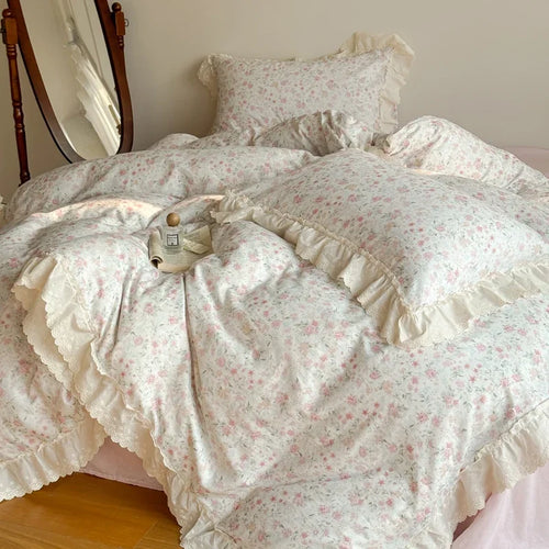 ensemble literie coton blanc rose fleurs dentelle vintage housse couette drap taies oreiller