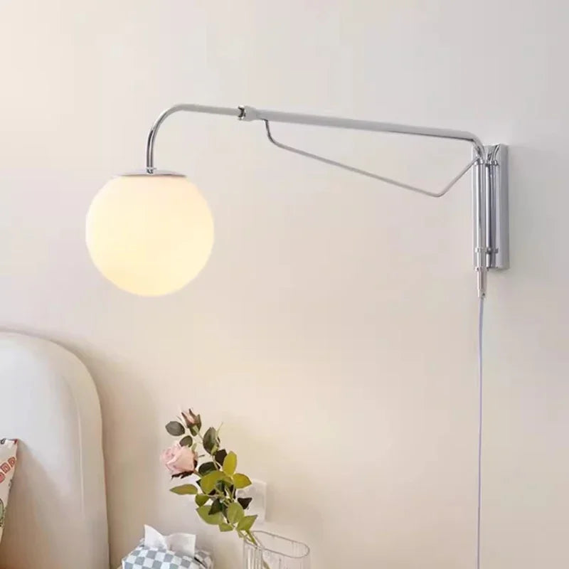 lampe murale articulée blanc chrome moderne minimaliste interrupteur bouton fixée mur câble électrique