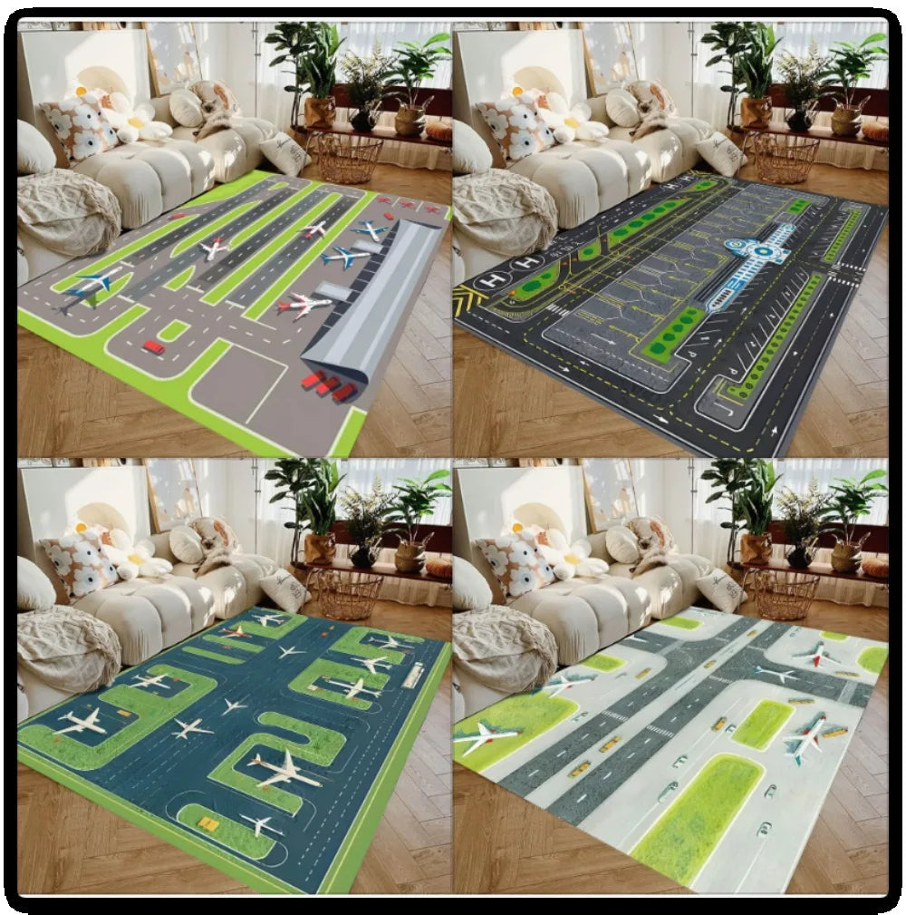 tapis moderne aéroport pistes avions enfants gris vert bleu blanc floral