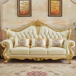 canapé moderne scandinave bois capitonné beige doré salon confortable